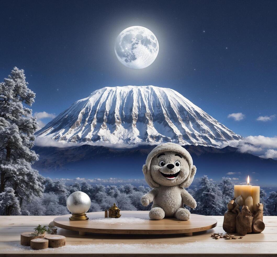 ai generado osito de peluche oso en frente de Monte Fuji a noche con lleno Luna foto