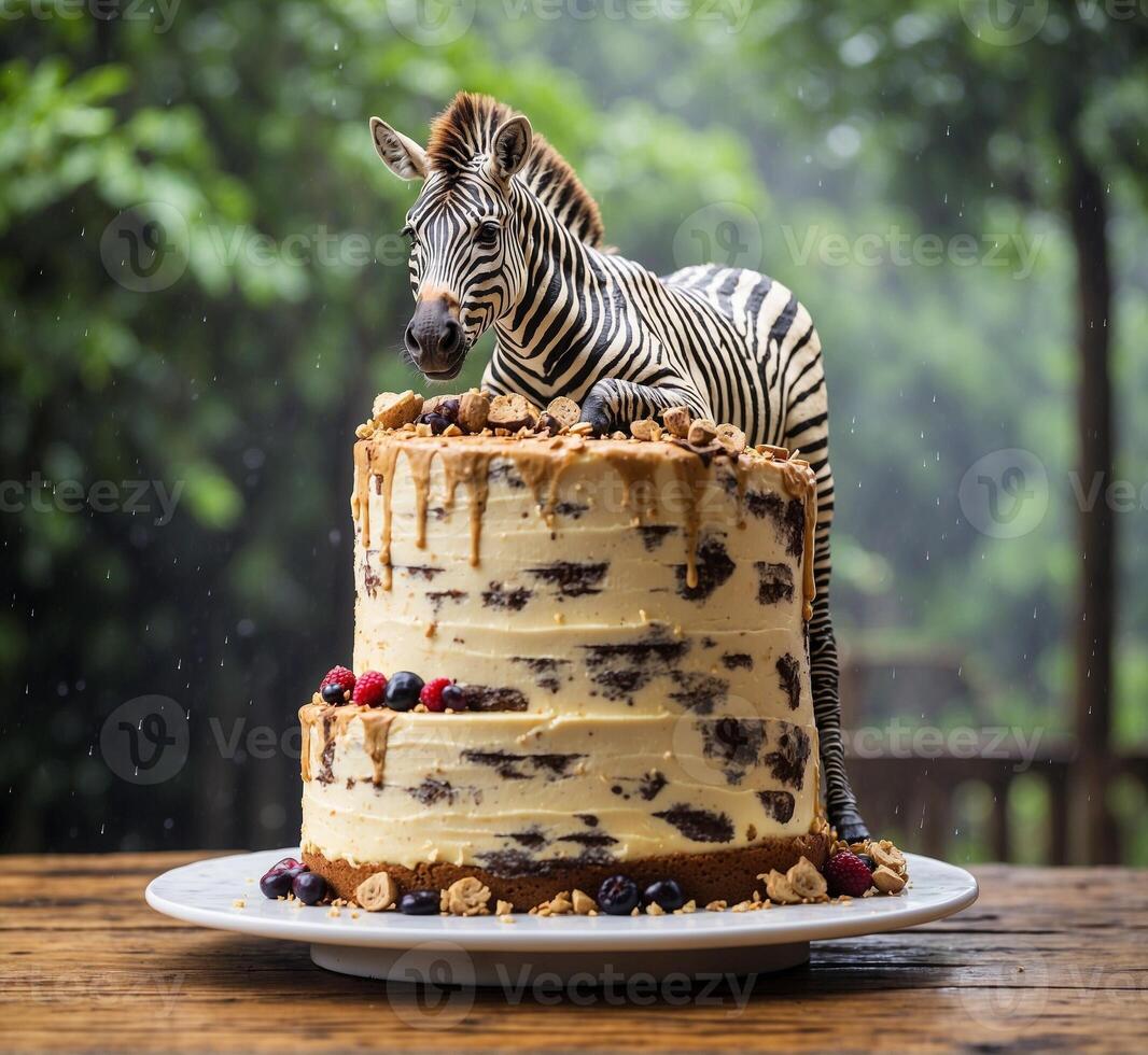 ai generado cebra cumpleaños pastel con crema y Fresco bayas en de madera mesa. foto