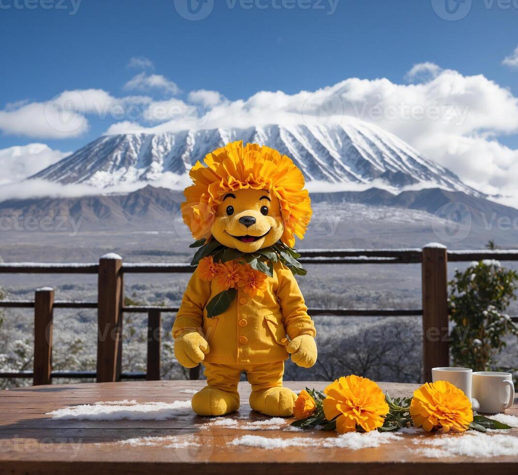 AI generated Toy bear with flowers and Mt. Fuji in the background, Japan photo