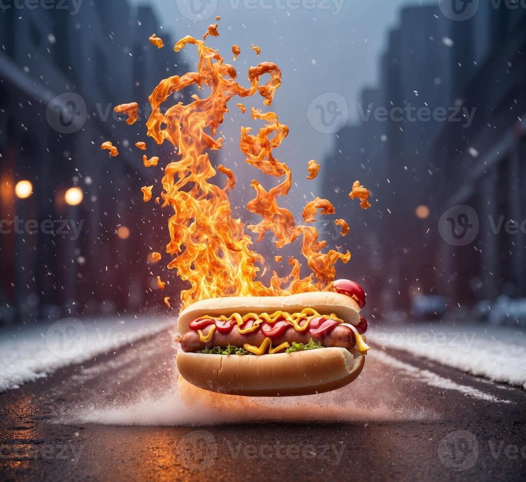 AI generated Fire Hot dog on the road at night. Mixed media. Mixed media photo