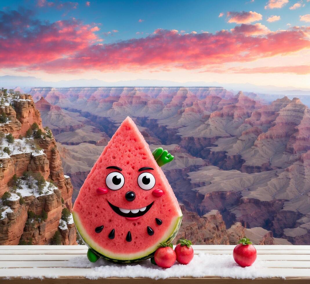 AI generated Funny watermelon character with a smiley face on the background of the Grand Canyon. photo