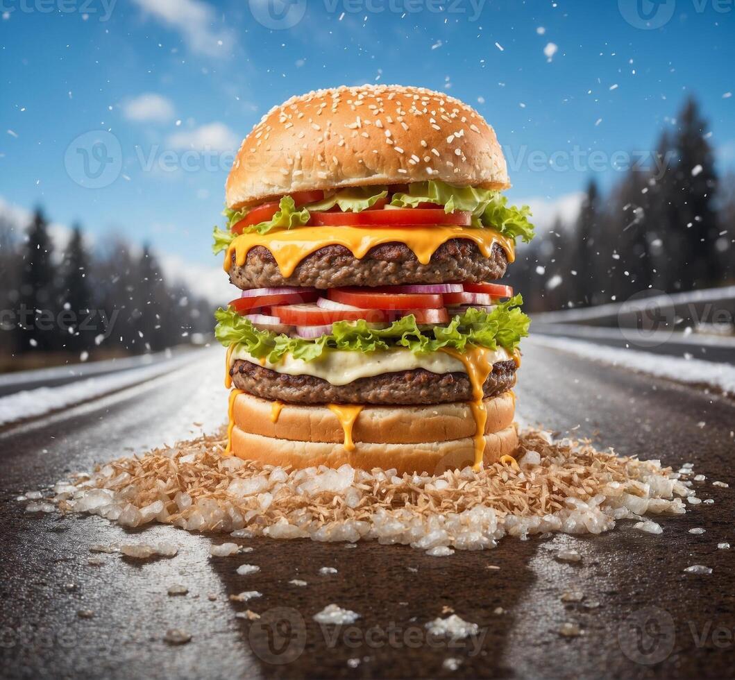 ai generado hamburguesa en el asfalto la carretera con copos de nieve y montañas en el antecedentes foto