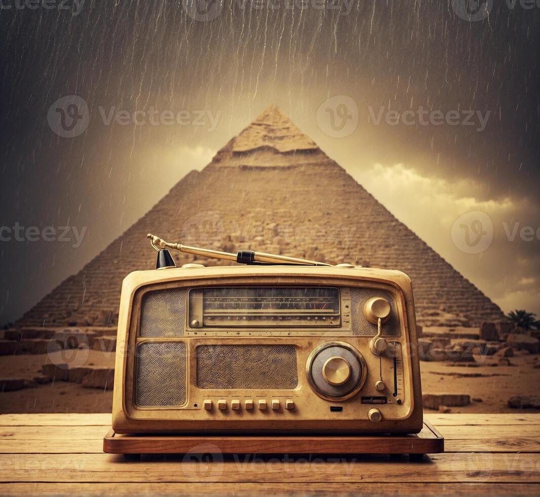 AI generated Retro radio and pyramids of Giza in Cairo, Egypt photo