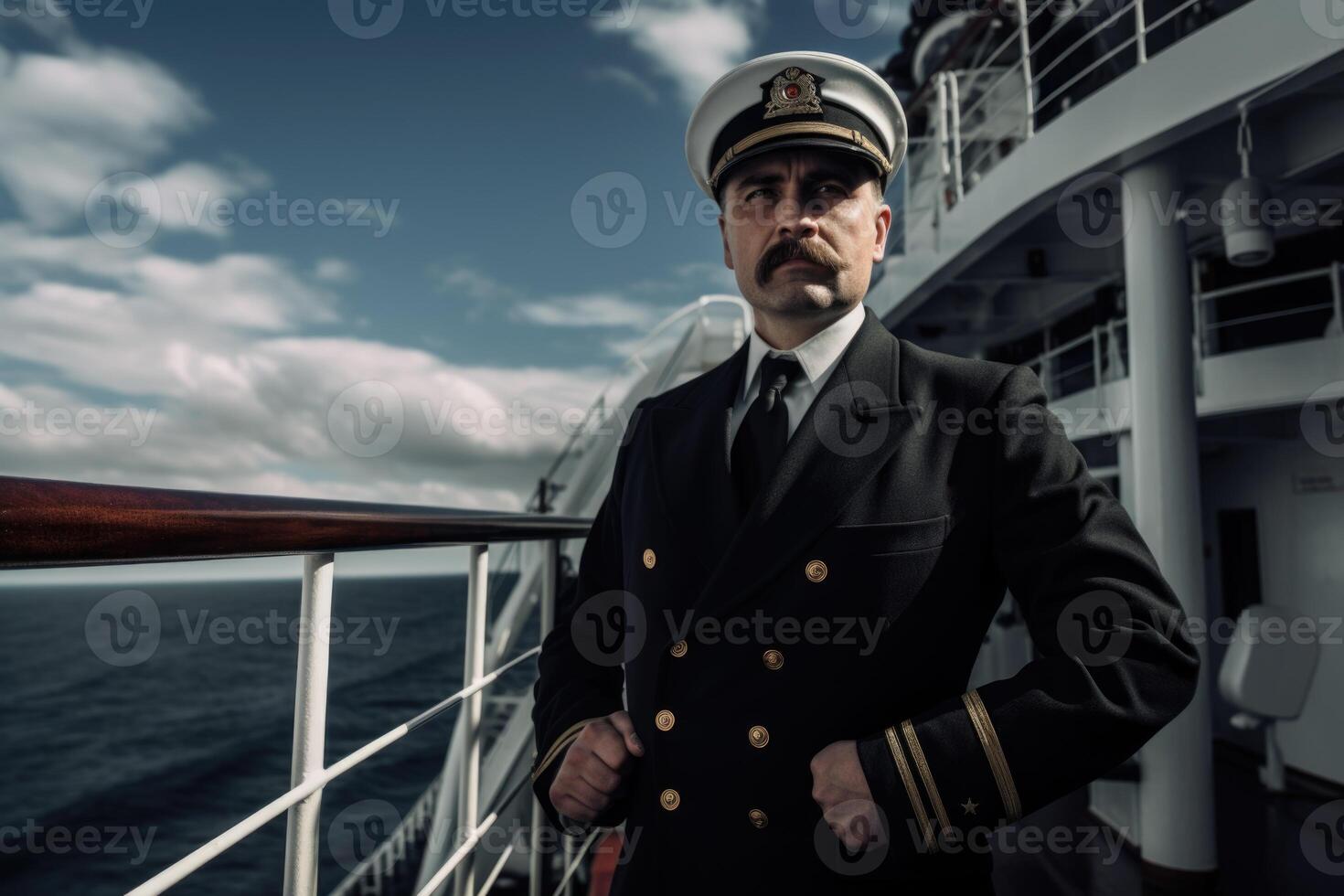 AI generated The captain of the ship is on the deck of his ship. A man on the deck of a ship photo