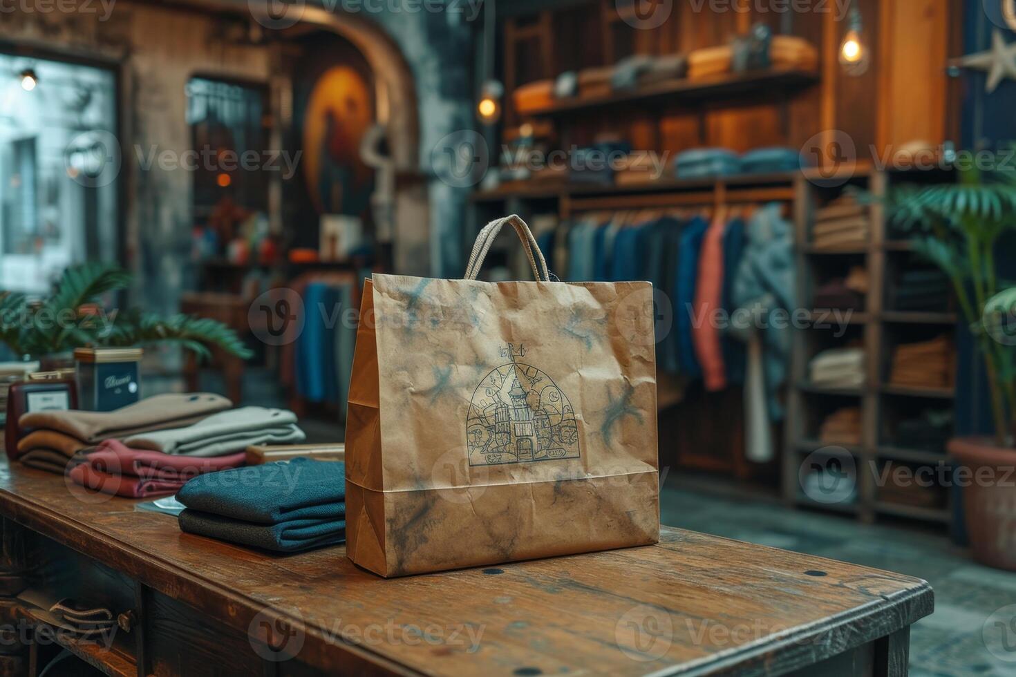 AI generated Close-up of a paper bag standing on a table in a store photo