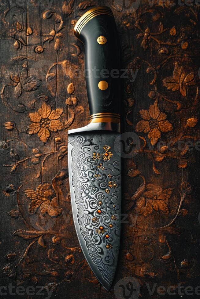 AI generated One Stylish Damascus steel kitchen knife on a wooden board photo