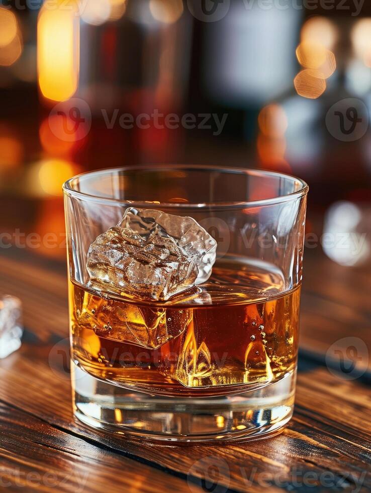 AI generated A glass of good whiskey with ice on wooden desk photo