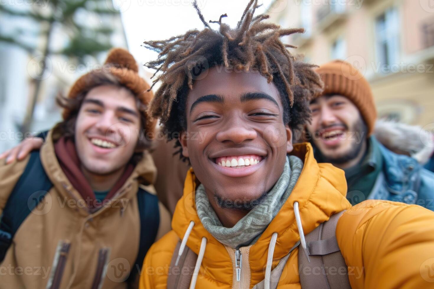 AI generated A reusable young group of happy people takes a selfie photo on a camera outside