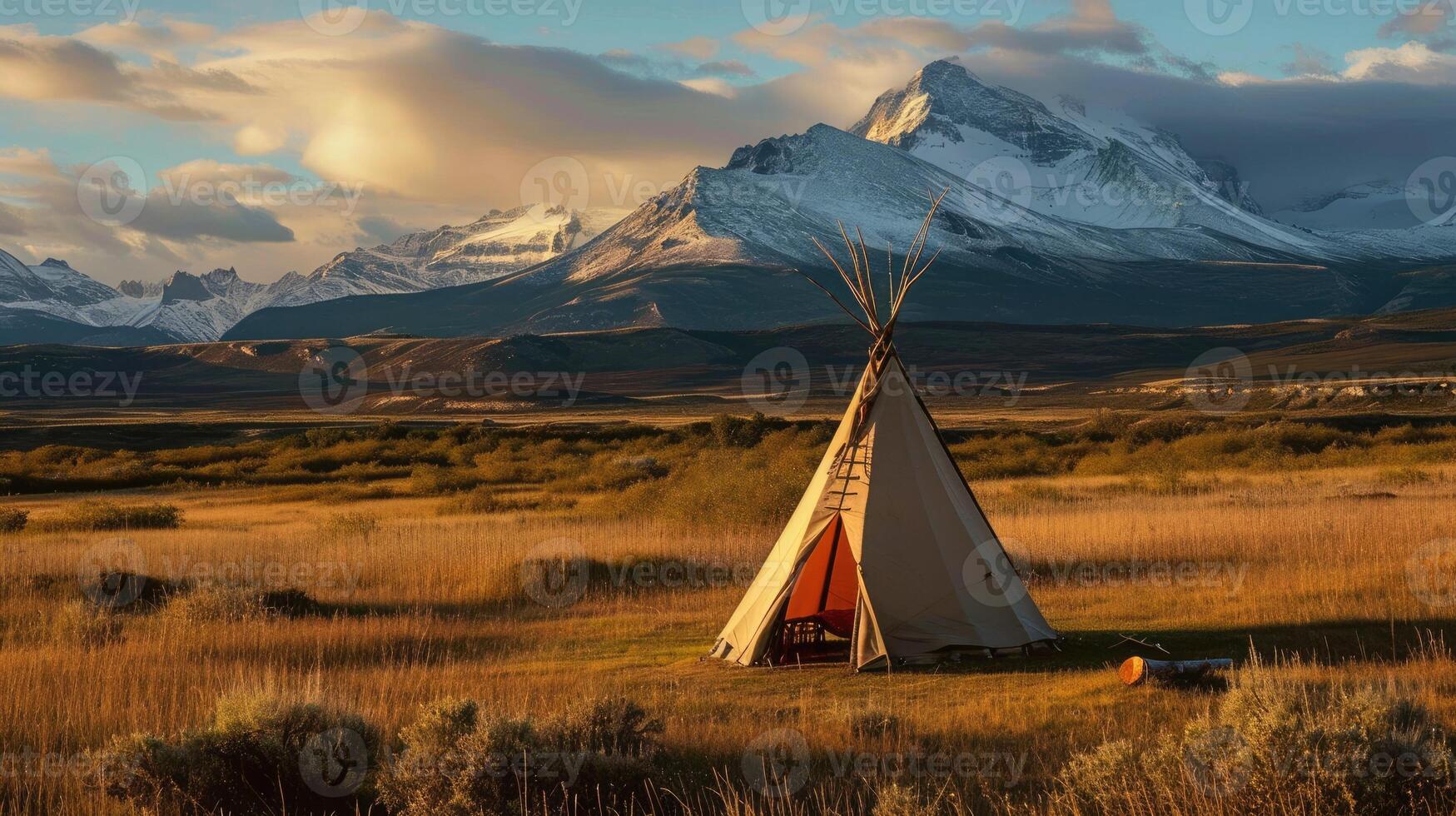 ai generado tipi con montañas en antecedentes. foto