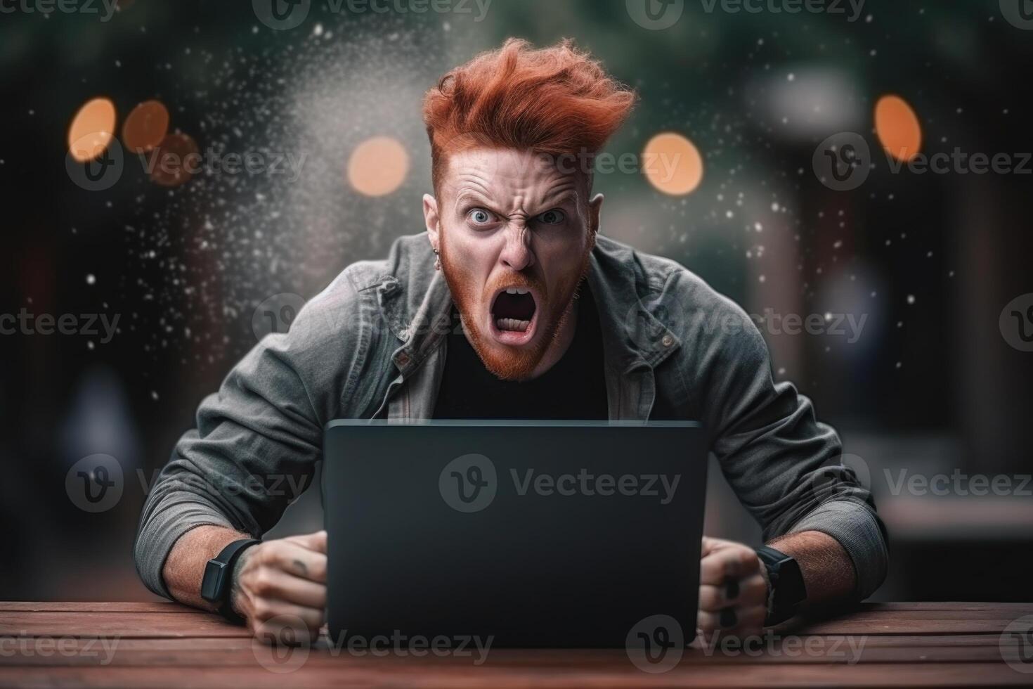 AI generated A highly emotional man expresses his emotions while sitting at a laptop. Work at home photo