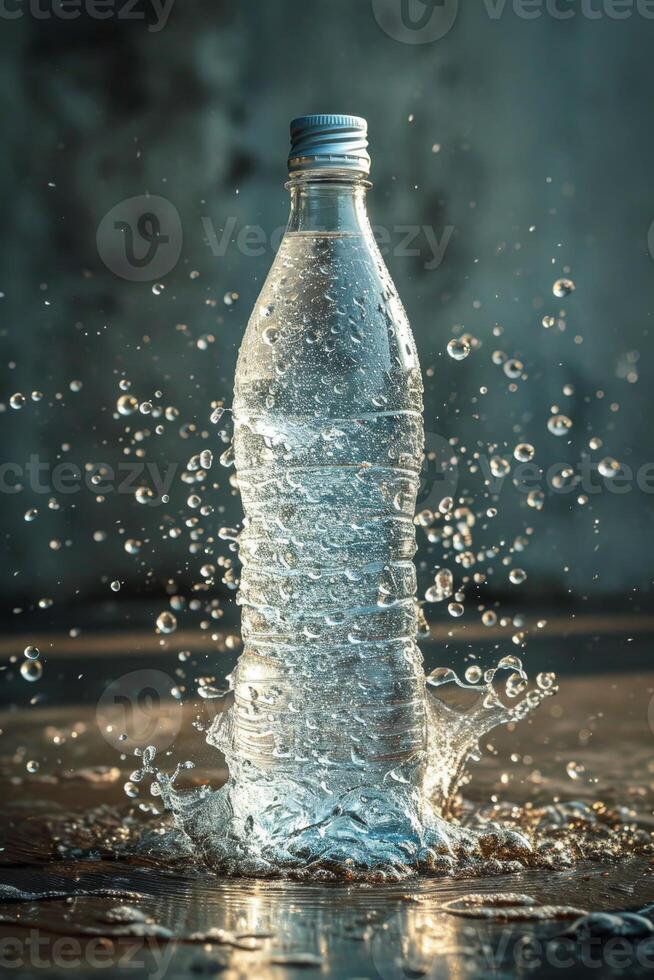 AI generated Transparent plastic mineral water bottle for your advertisement with water splashes and drops. photo