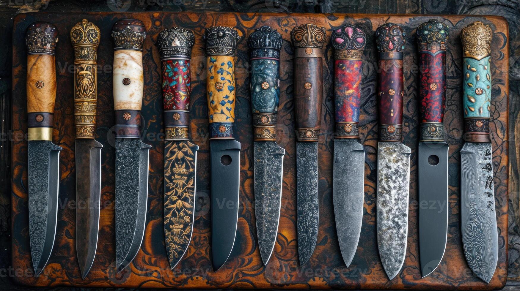 AI generated Top view of Damascus steel kitchen Knives on a wooden board photo