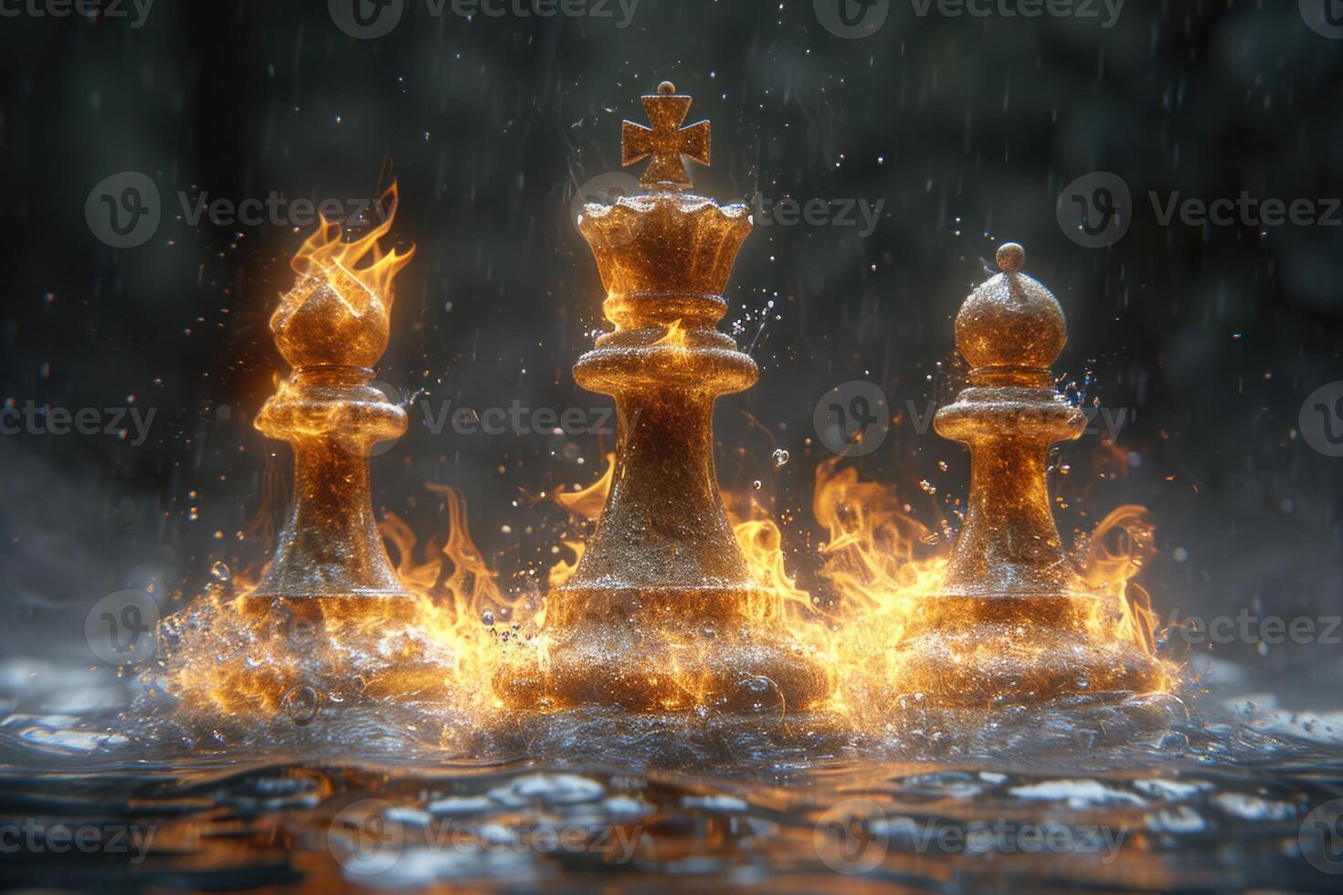 AI generated stylish black chess stands on a chessboard and a fire is burning around. Gloomy environment photo