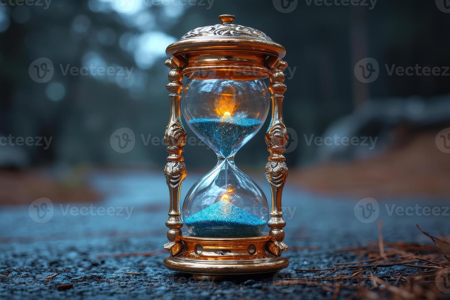 AI generated Stylish hourglass. Sand running in an hourglass, measuring the countdown time on a dark background photo