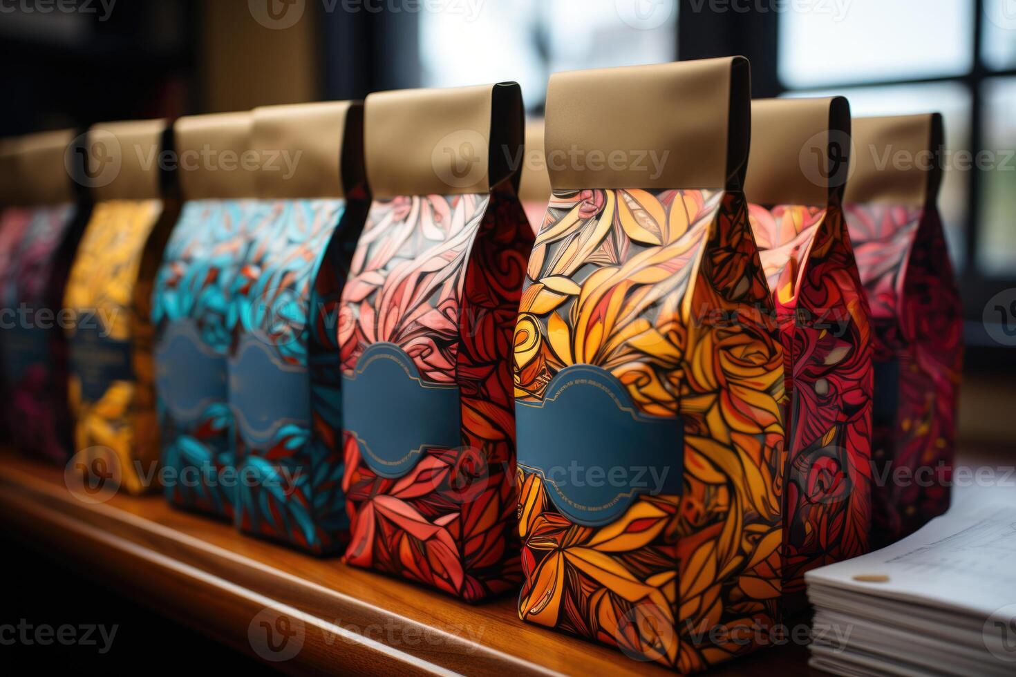 AI generated Colorful patterned coffee packaging stands on the table photo