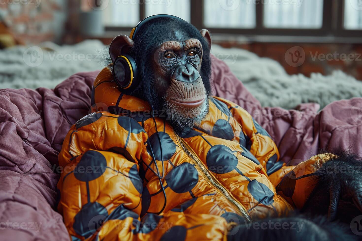 AI generated A chimpanzee monkey with musical headphones is sitting in an armchair photo