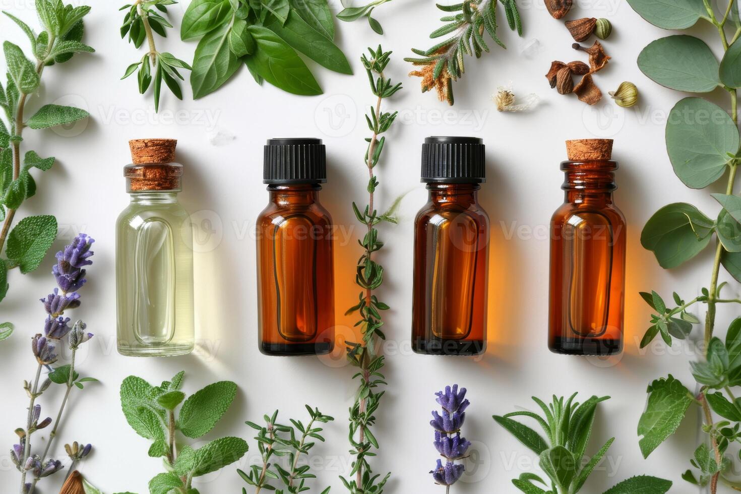 AI generated vials of essential oil and herbs on a white background. The concept of health photo