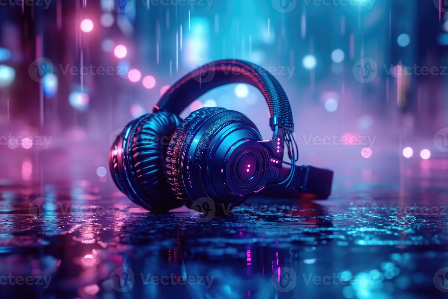 AI generated Large headphones lay on the night pavement. Night disco music background with neon lighting photo