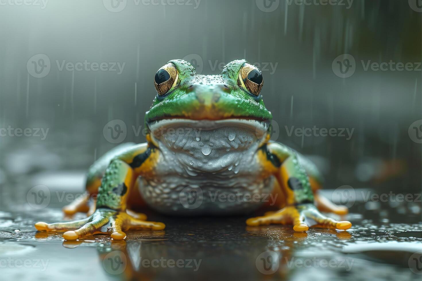 AI generated A tree green frog walks in the rain in nature photo