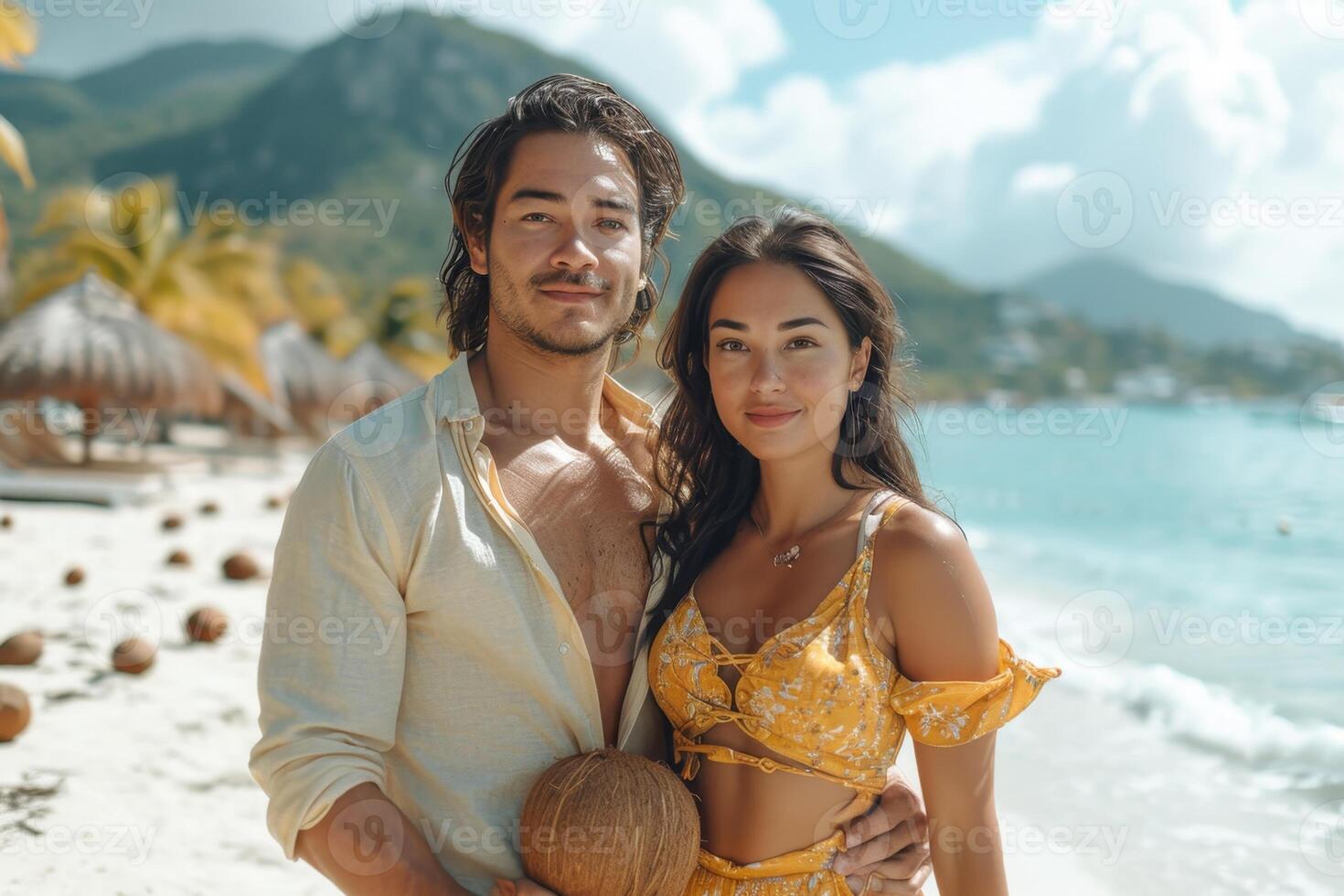 ai generado romántico Pareja en amor abrazando en un tropical soleado playa foto