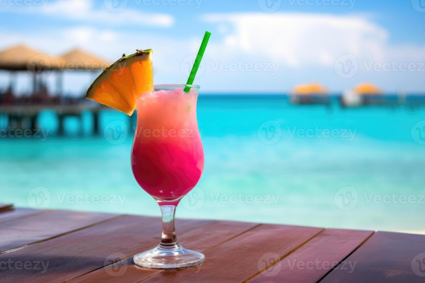 AI generated Cocktail on the table next to the turquoise ocean. Summer. Heat photo