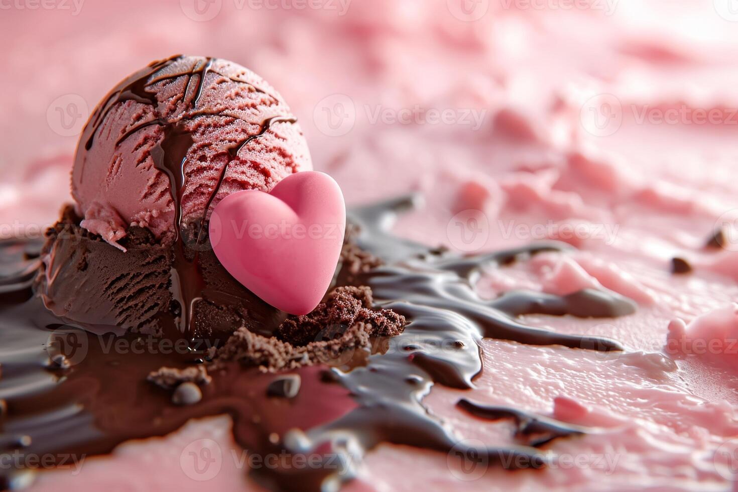AI generated Balls of pink ice cream covered with chocolate. Strawberry flavor photo