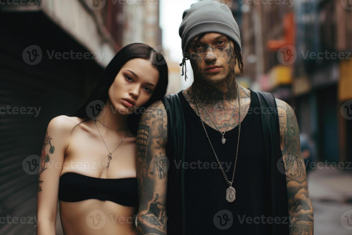 AI generated Tattooed man and woman on a city street in the afternoon photo