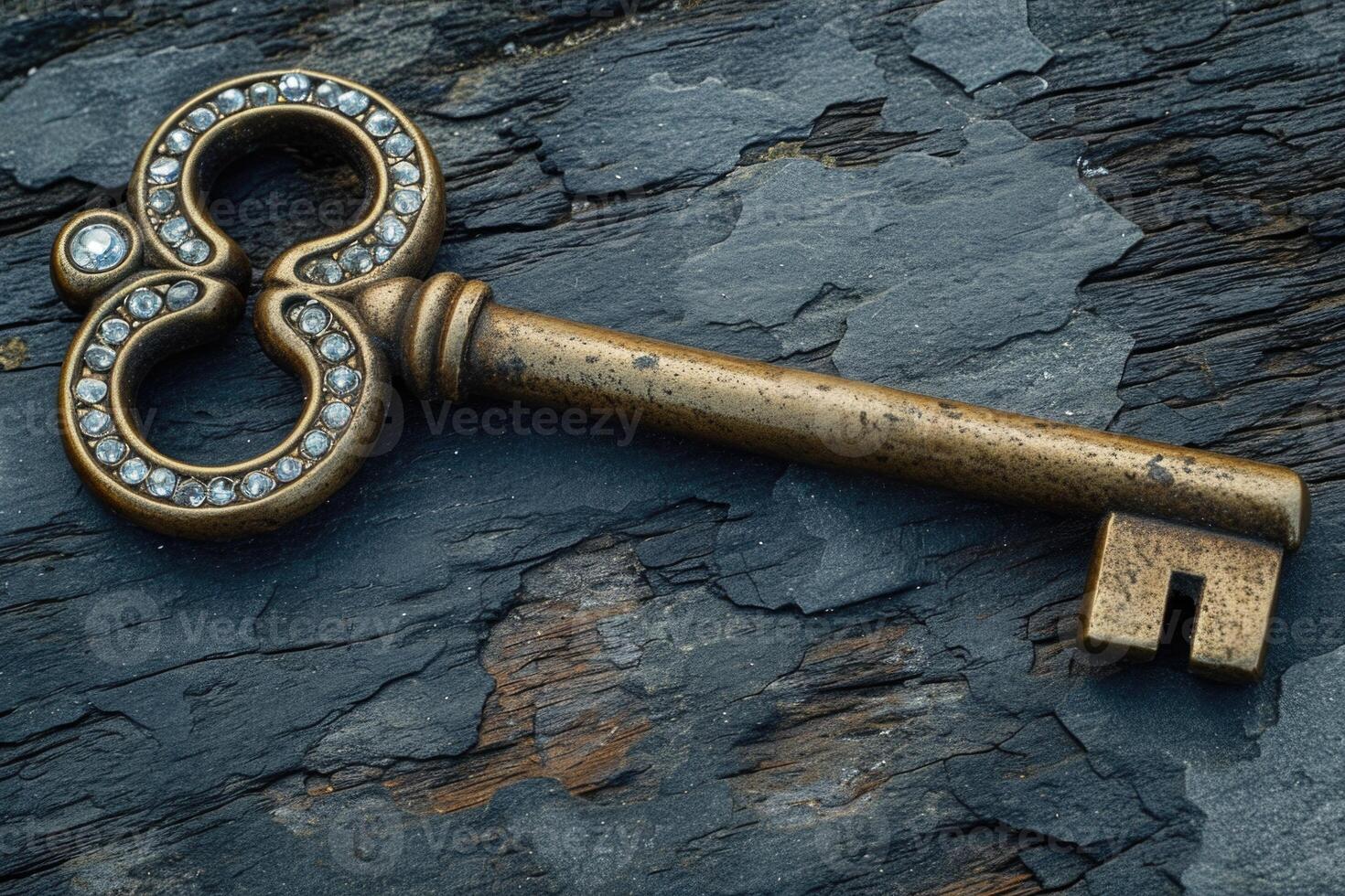 AI generated An old designer key with a lock decoration lies on a wooden background photo