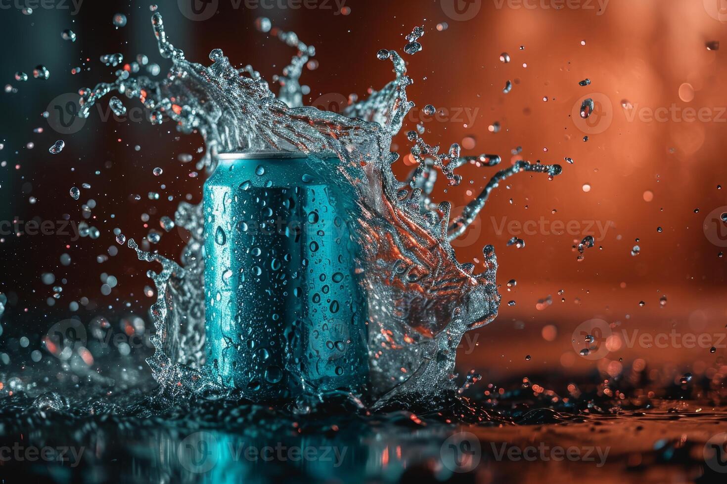 AI generated An aluminum beverage jar for your advertisement with splashes and drops of water photo
