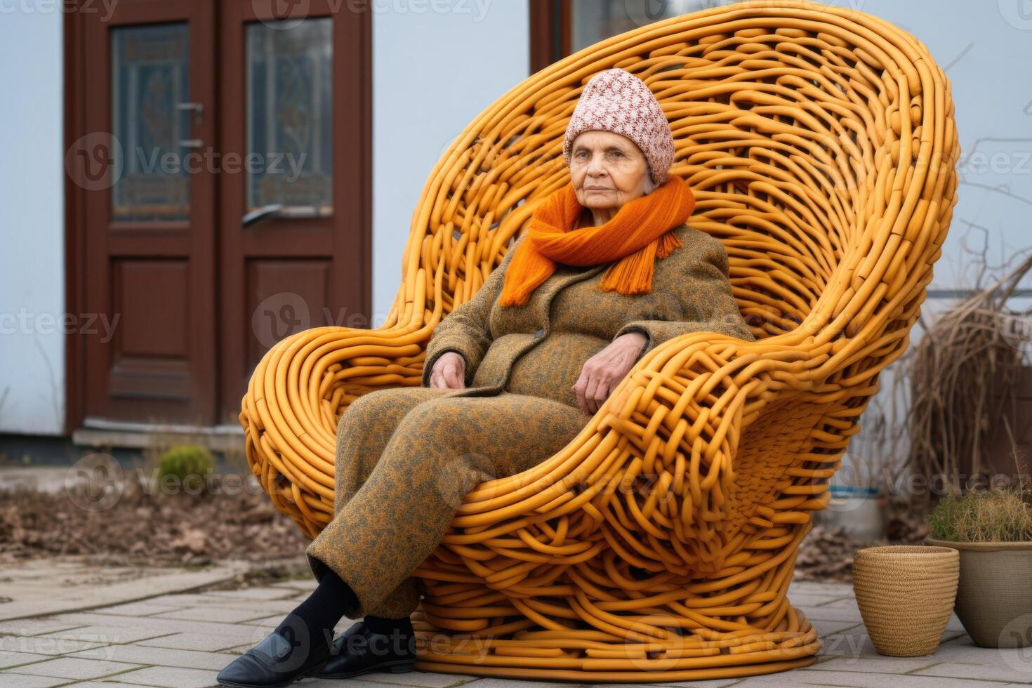 AI generated an elderly woman sitting on a chair near her house photo