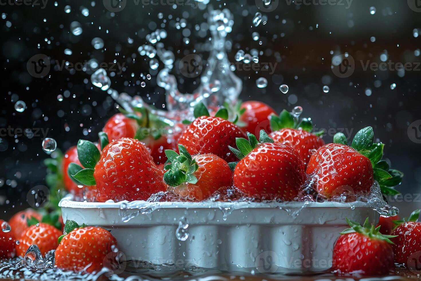 AI generated Juicy fresh strawberries fall into a white container with water on a dark background photo