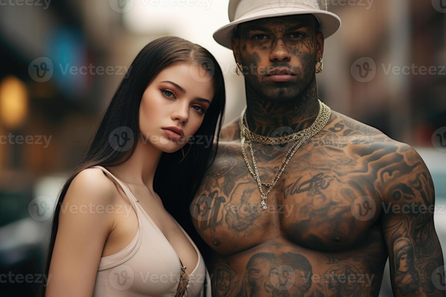 AI generated Tattooed man and woman on a city street in the afternoon photo