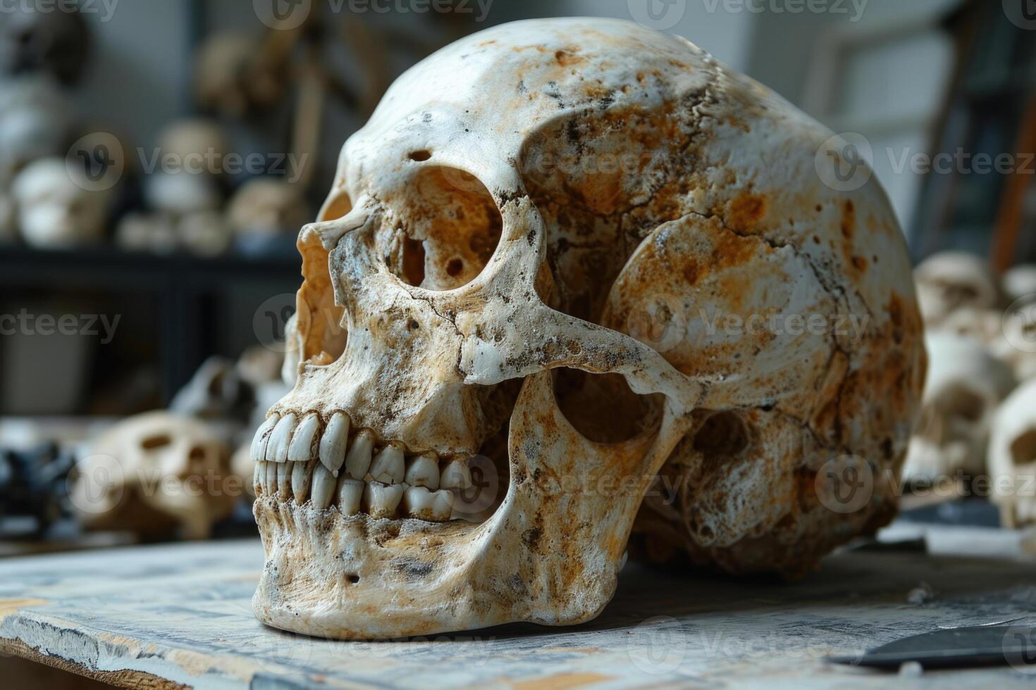 AI generated A human skull left on a light table in the room photo