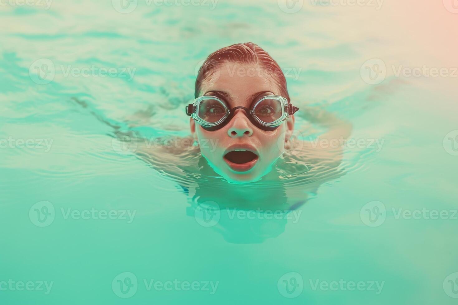 AI generated A pretty little girl with glasses is swimming in the pool photo
