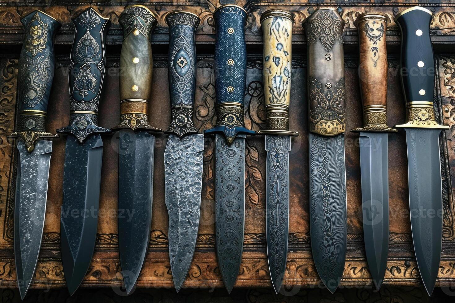 AI generated Top view of Damascus steel kitchen Knives on a wooden board photo