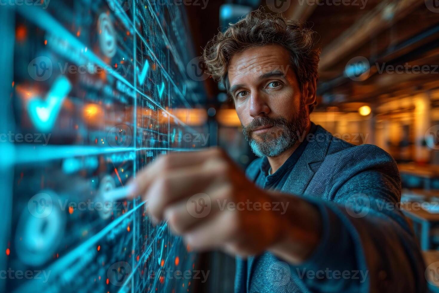 AI generated The businessman puts a check mark in the field in the list displayed on the virtual screen photo