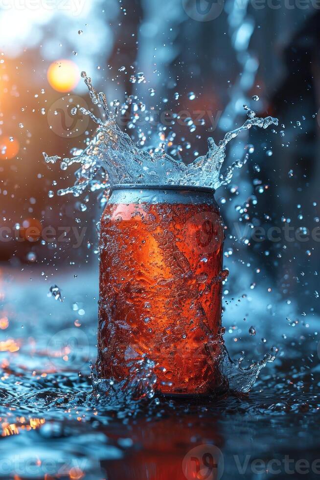 AI generated An aluminum beverage jar for your advertisement with splashes and drops of water photo