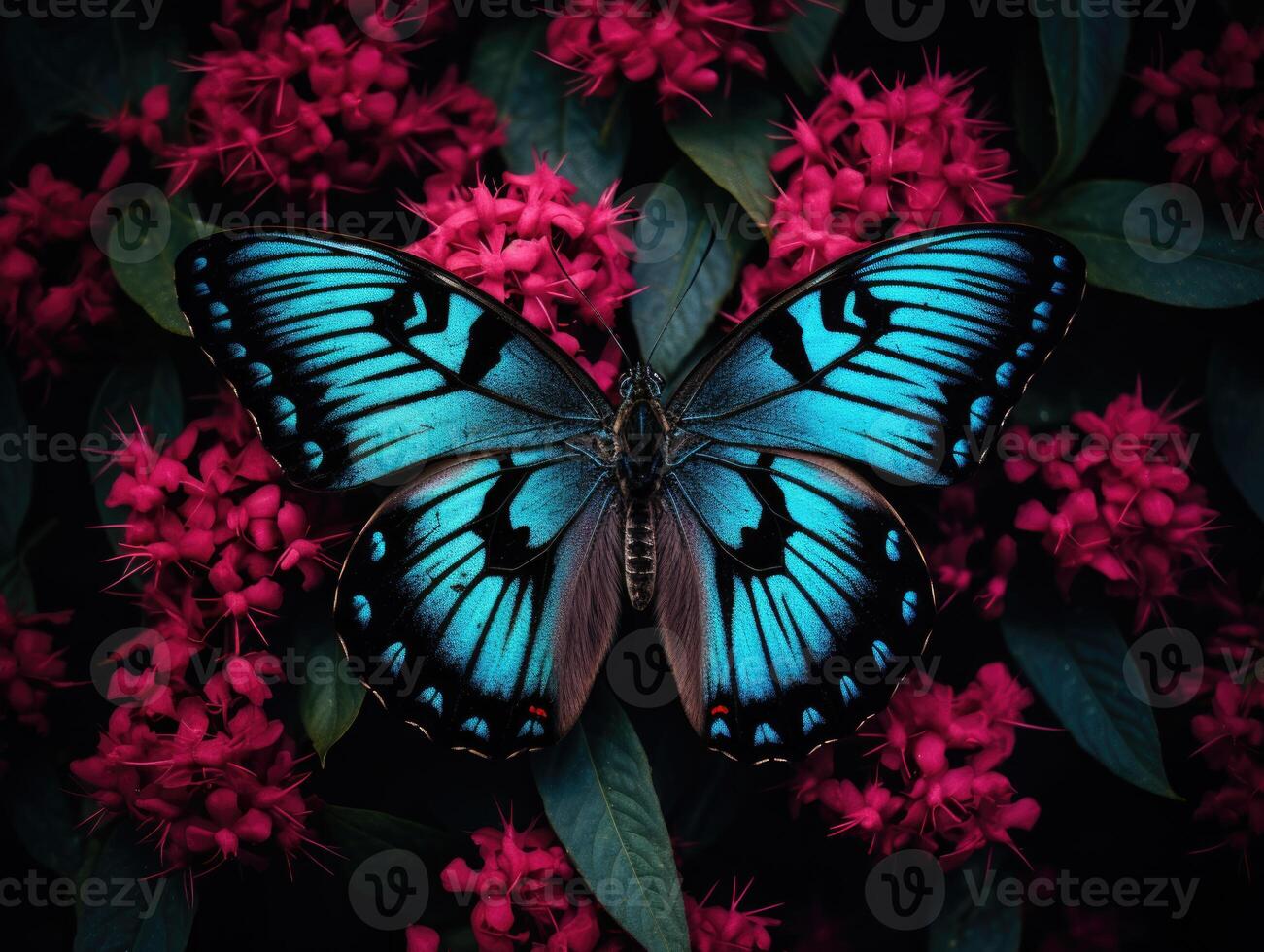 ai generado un grande de colores mariposa sentado en hojas, un hermosa insecto en sus natural habitat foto