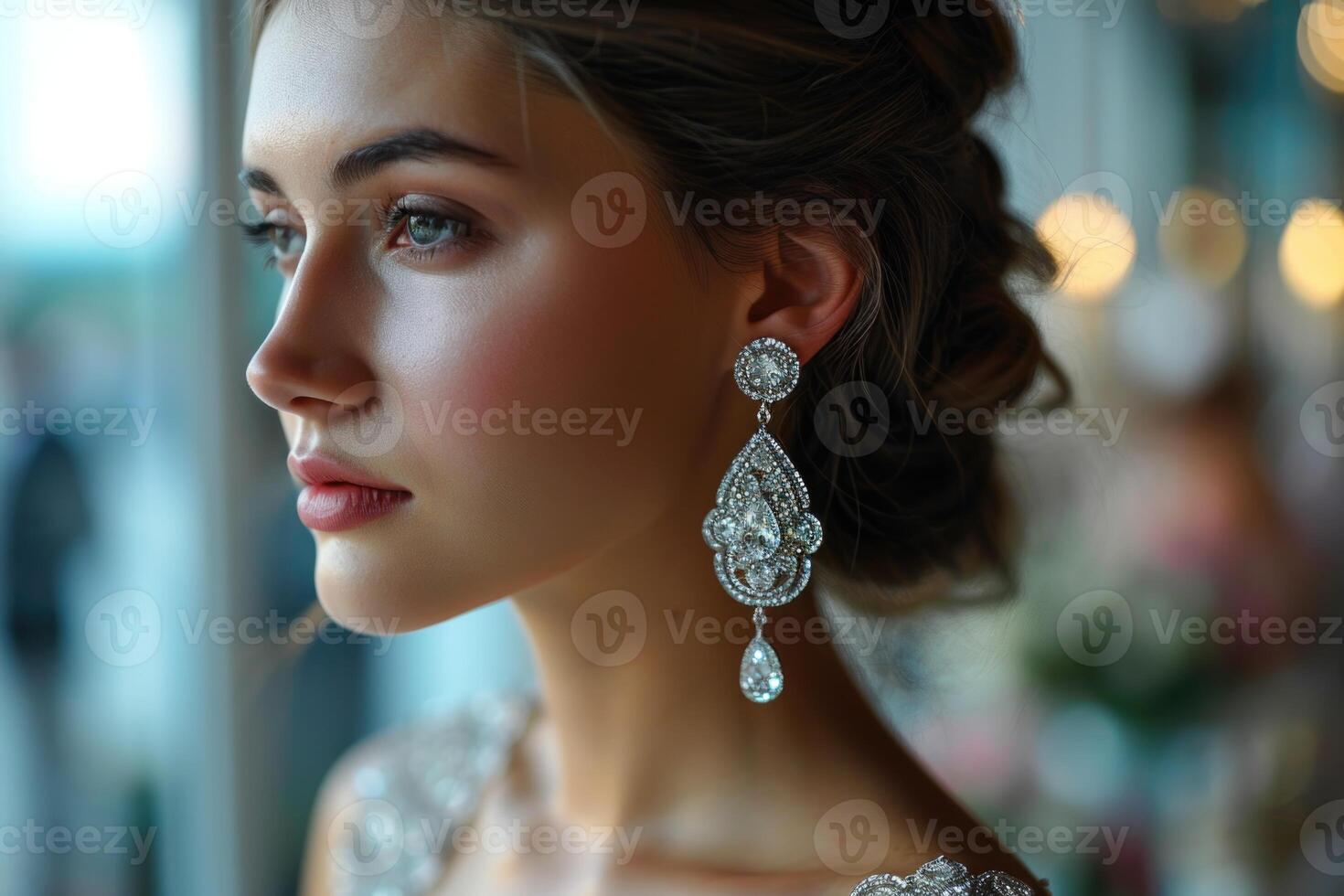 ai generado el cara de un hermosa elegante niña en de moda joyas, grande pendientes foto