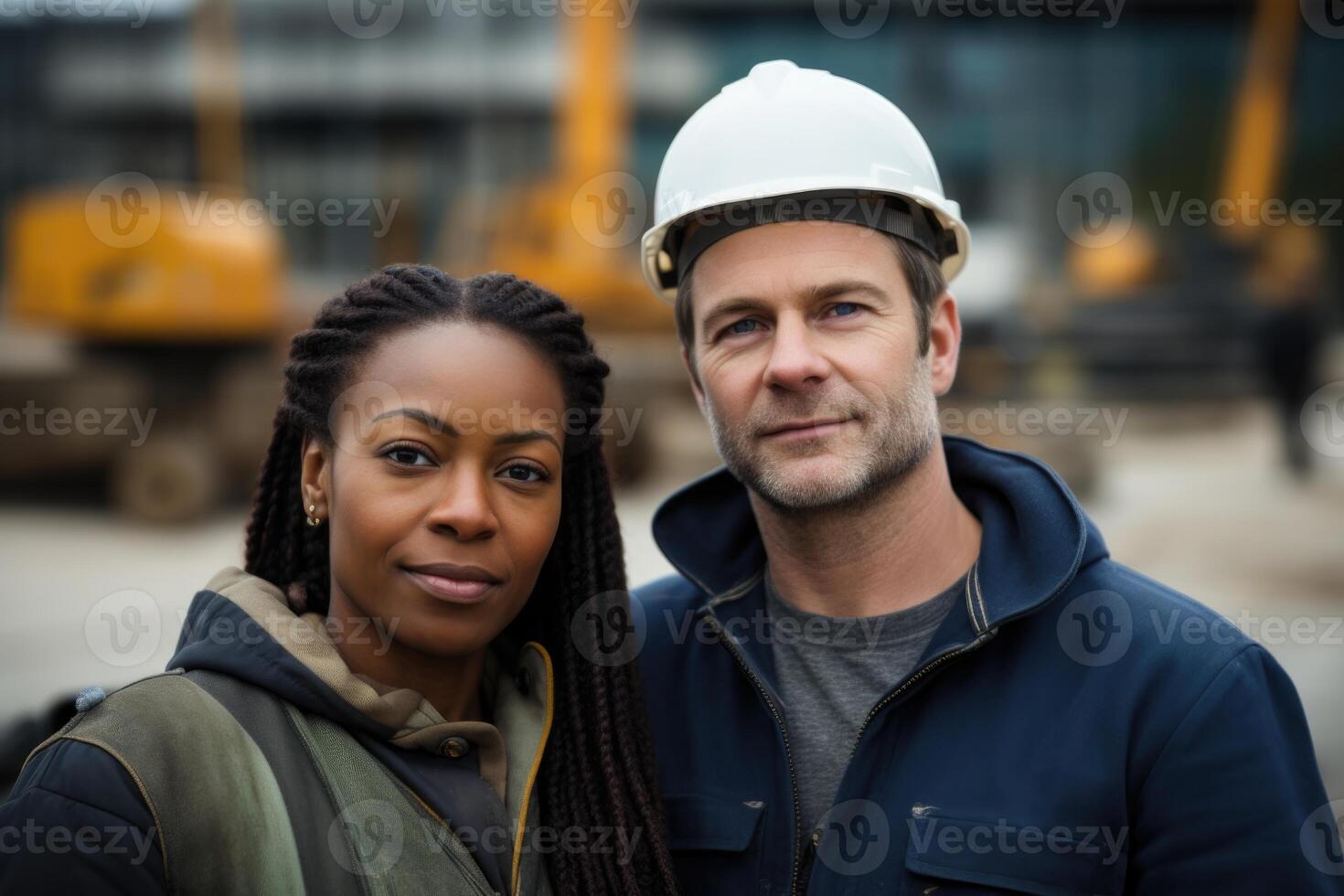 AI generated Portrait of two professional engineers or technicians standing in the background of a construction site photo