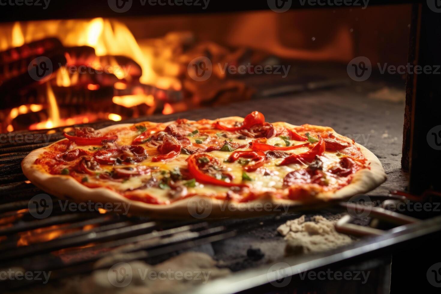 ai generado delicioso Fresco italiano Pizza mentiras cerca el horno, horneado en un Madera quemandose horno foto