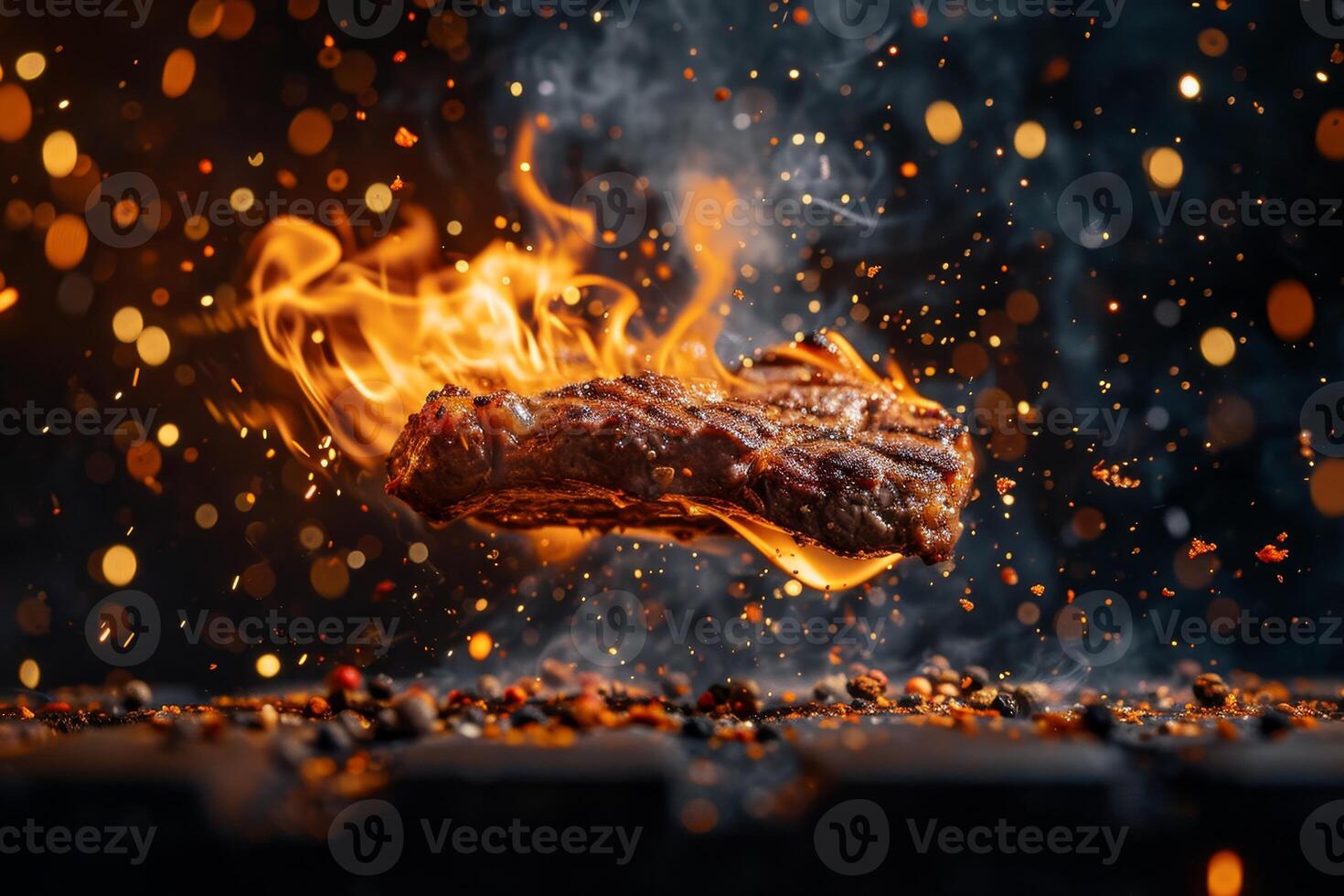 AI generated A hearty steak on fire, sizzling on a hot grill photo