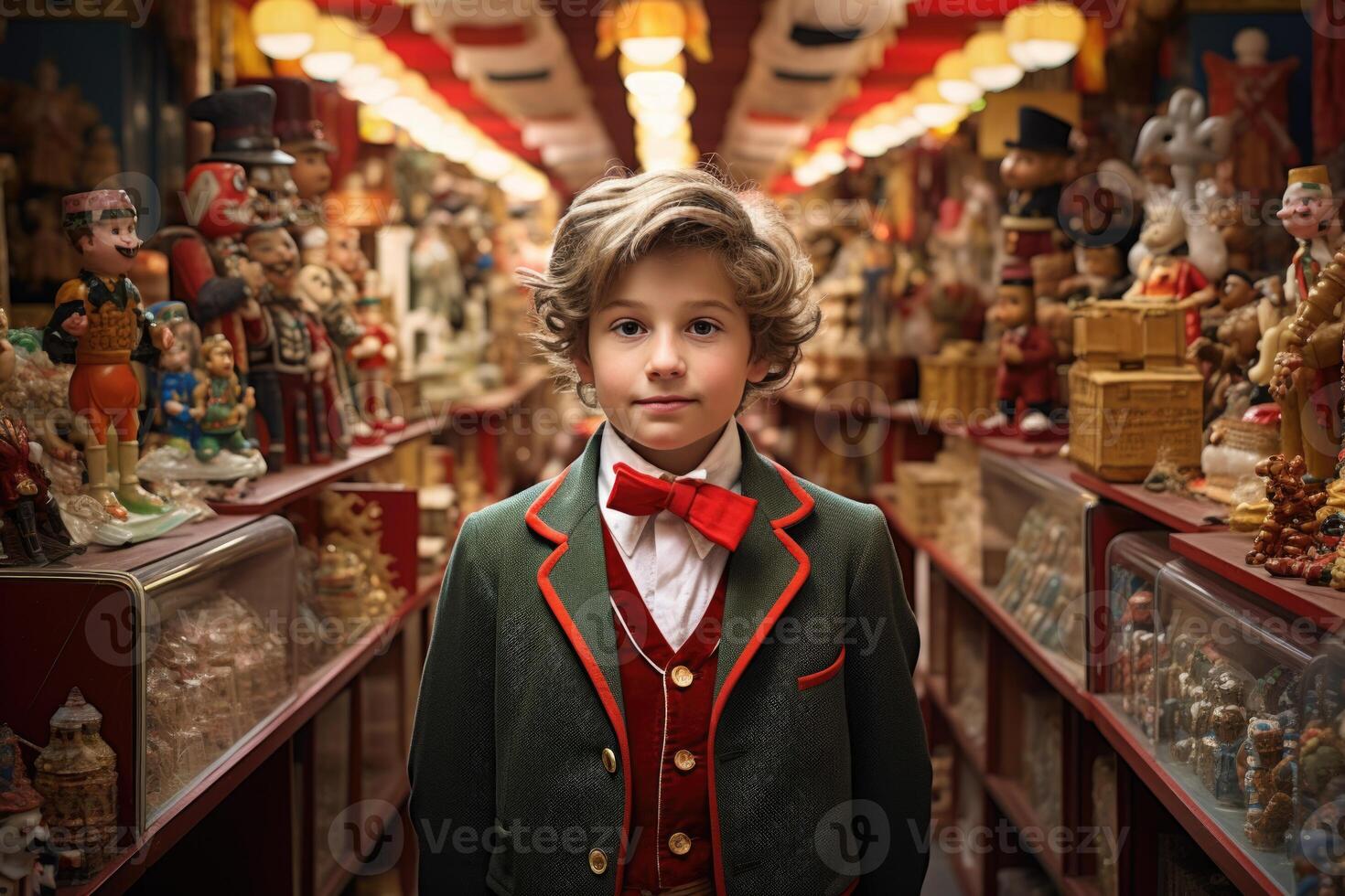 AI generated A cute boy in a suit with a butterfly stands against the background of toys in a children's store photo