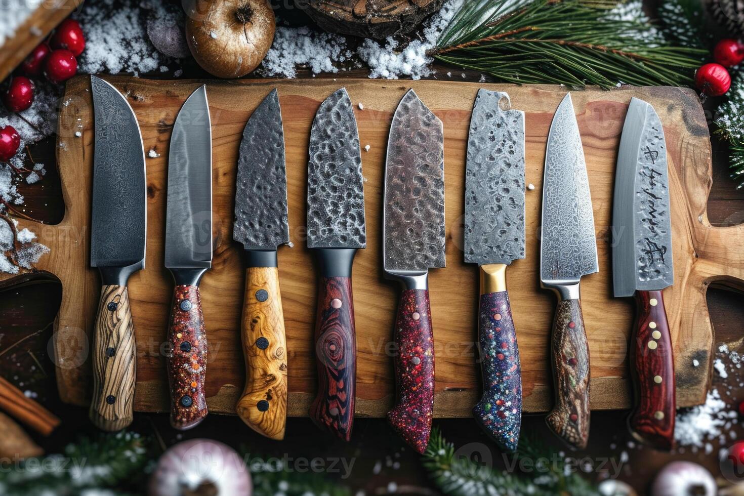 AI generated Top view of Damascus steel kitchen Knives on a wooden board photo