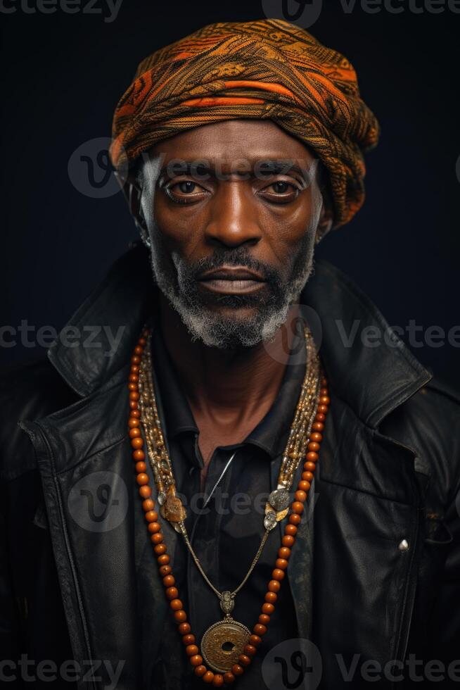 AI generated Portrait of a serious man of the African race on a black background photo