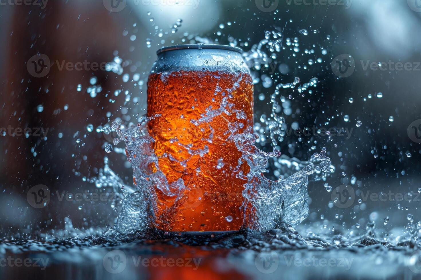 AI generated An aluminum beverage jar for your advertisement with splashes and drops of water photo