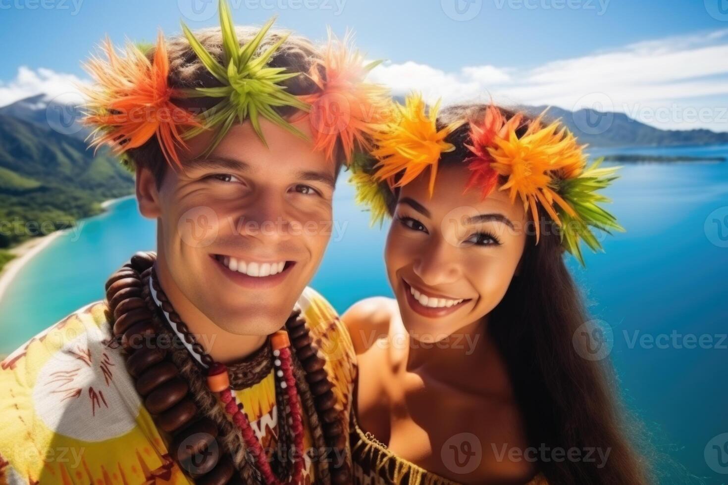 AI generated Portrait of a happy man and woman in national costumes on vacation against the background of nature. Polynesia photo