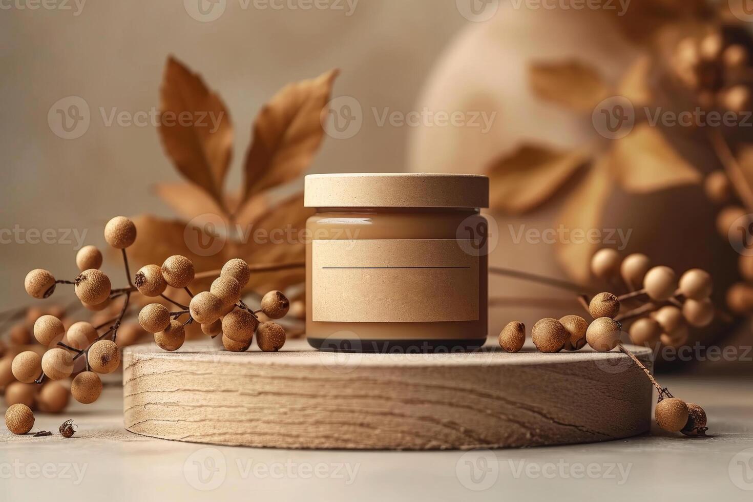 AI generated a jar of brown cosmetic cream on a wooden dressing table. Space for text photo