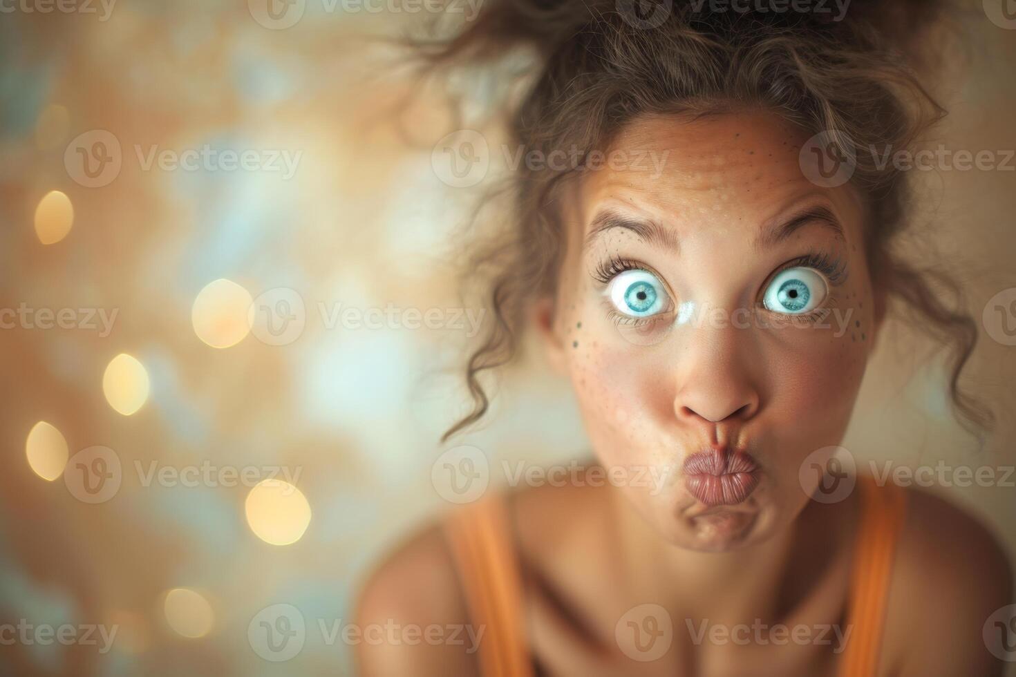 AI generated The young girl made a grimace with her lips, and stared at the orange background photo