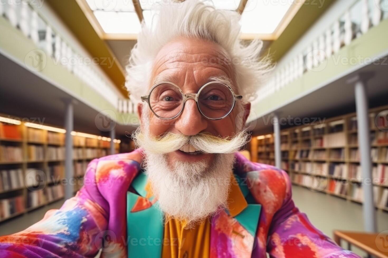 AI generated Portrait of a cheerful, happy elderly man in colored clothes and glasses in the library photo